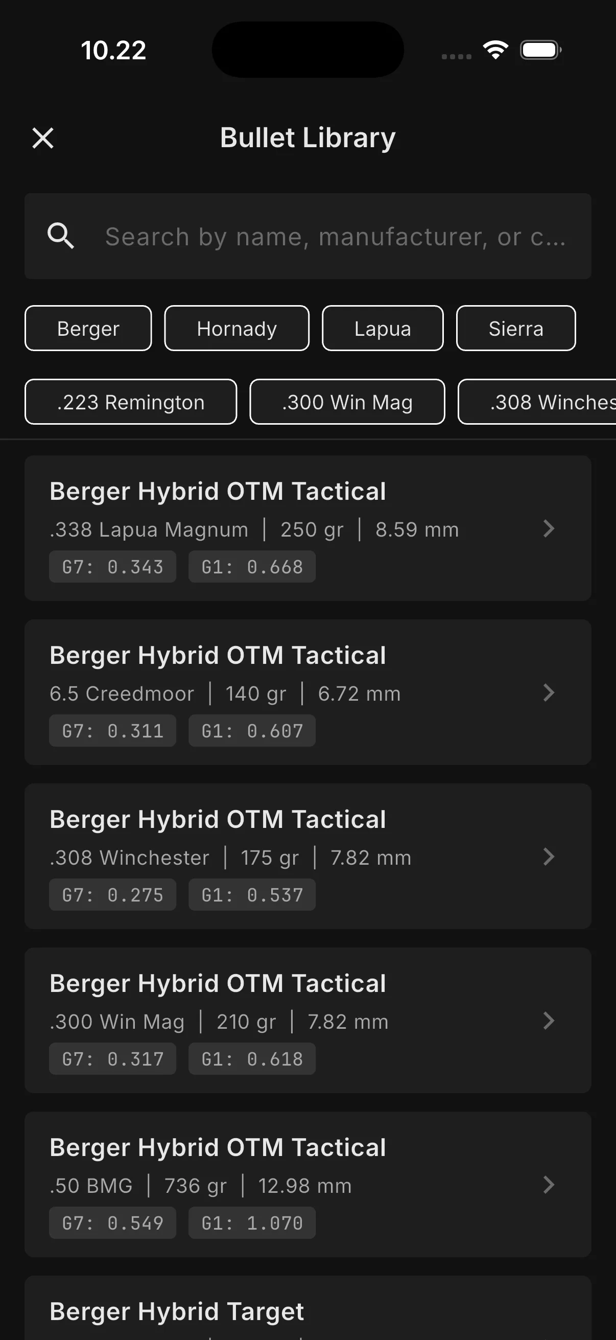 Trued: bullet and cartridge library with search and factory G1/G7 coefficients