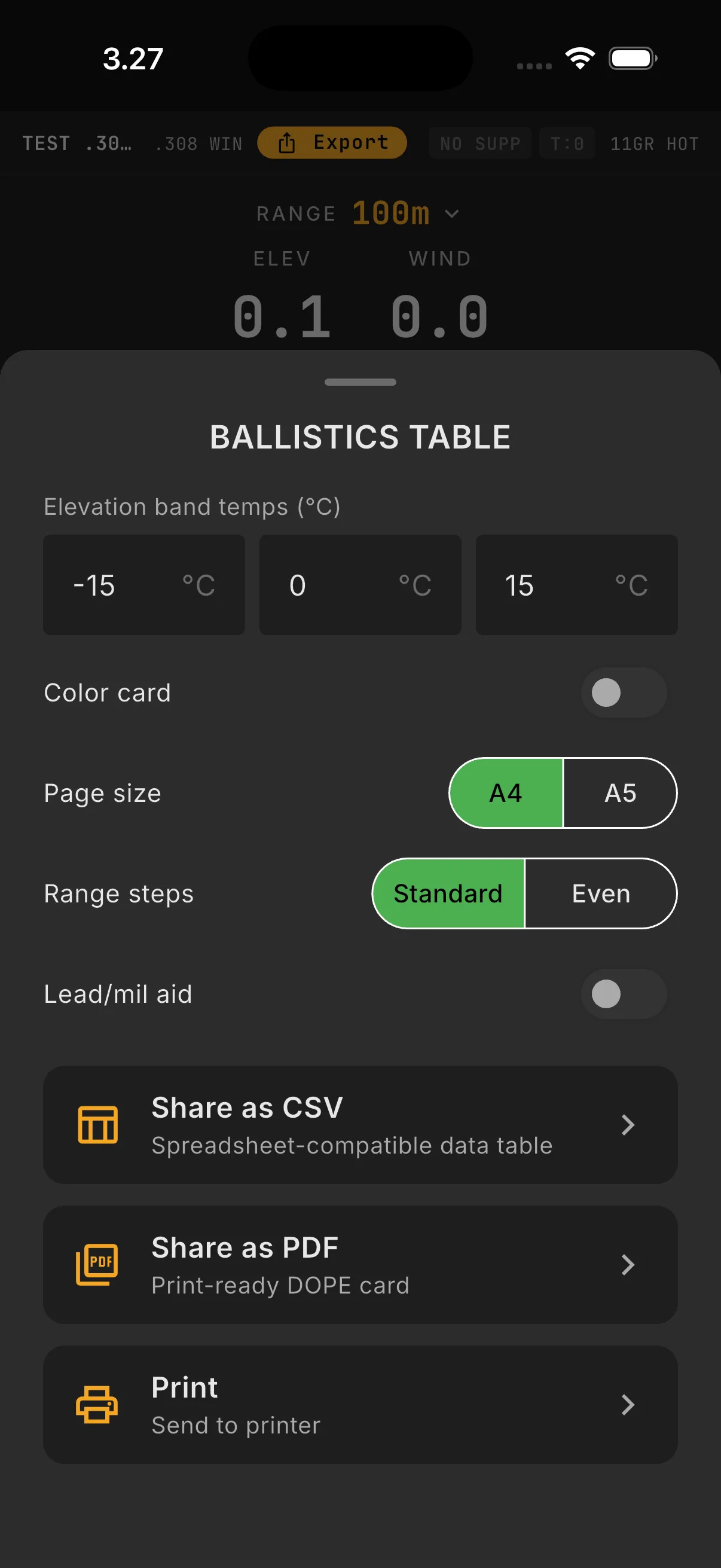Trued: export sheet: card templates, elevation band temperatures, PDF, CSV, image and print