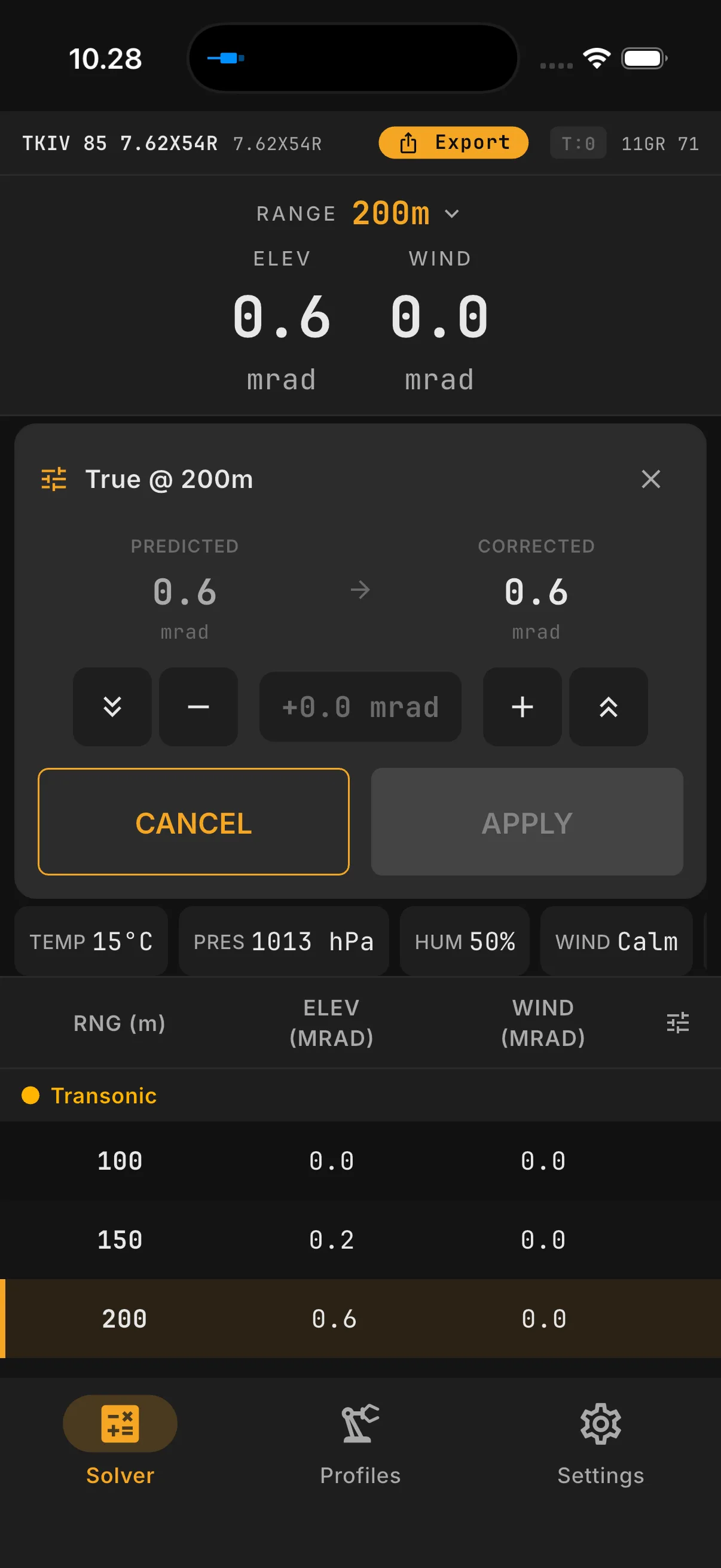 Trued: truing panel at 200 m showing predicted and corrected values side by side